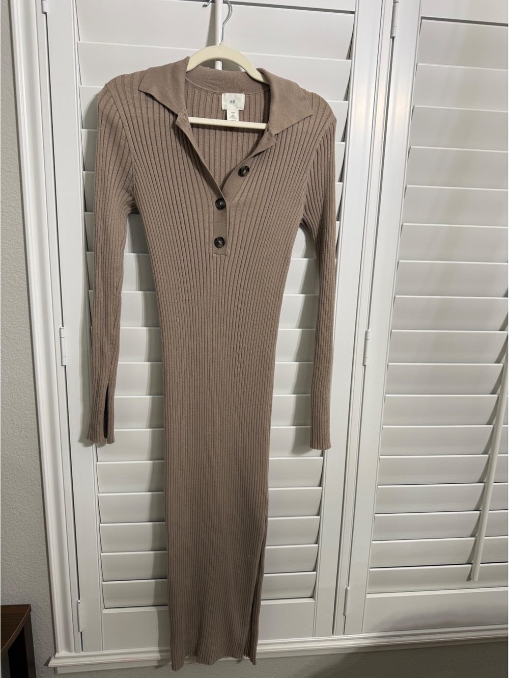 H&M Taupe Ribbed Knit Button-Front Maxi Dress